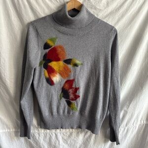 Elegant Gray Floral Turtleneck Sweater